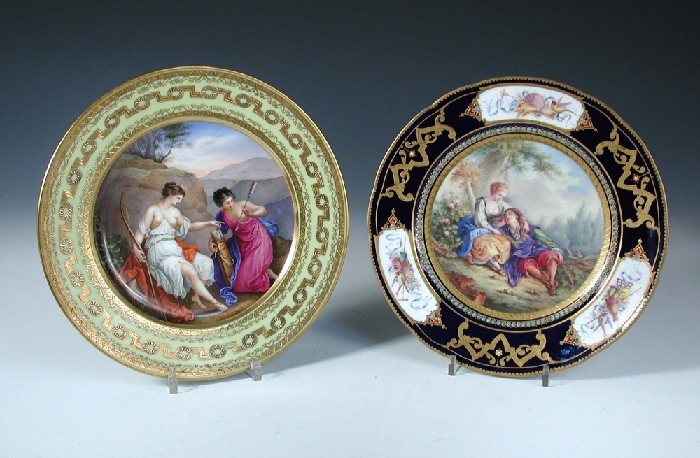 A late 18th/early 19th century Sevres jewelled plate painted with a garland being placed around