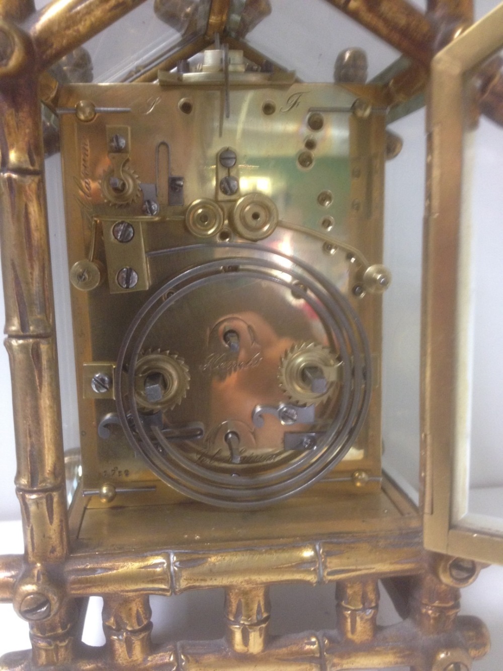 A gilt brass bamboo case carriage clock, circa 1890, with repeat and alarm, silvered platfom lever - Image 5 of 6