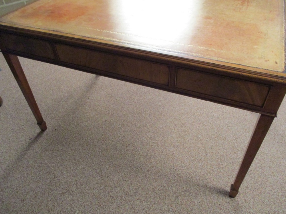 A George III style mahogany library table, with faded red leather lined top, fitted three frieze - Image 3 of 5