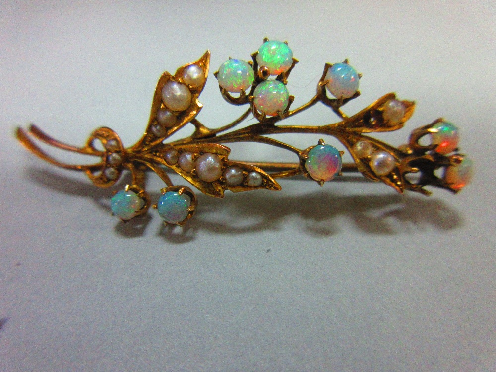 Two Victorian seed pearl and gemset brooches, the first a spray of cabochon opal flowers and - Image 3 of 6