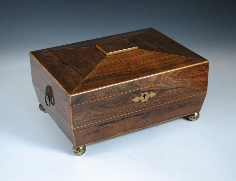 An early 19th century rosewood workbox converted to a humidor, of sarcophagus form, on four gilt