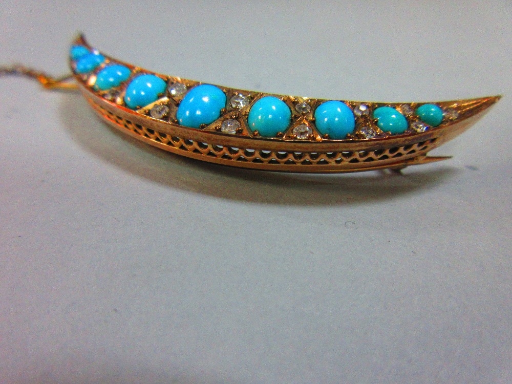 A turquoise and diamond crescent brooch, the open crescent set with graduated oval cabochon - Image 2 of 6