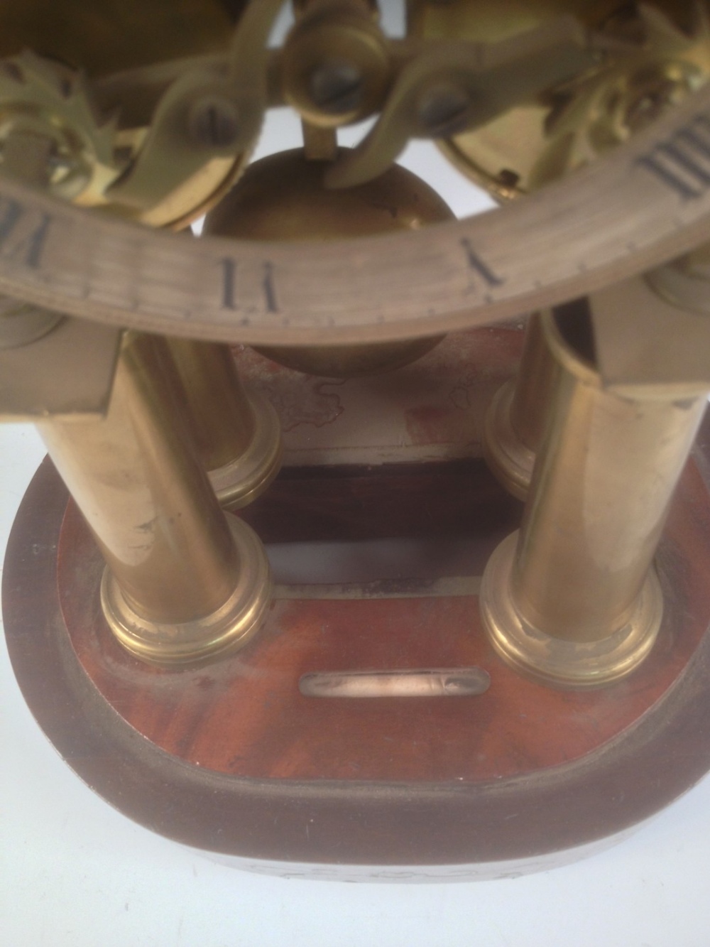 A Victorian brass bell chiming skeleton clock, the four tapering column legs supporting the twin - Image 3 of 6