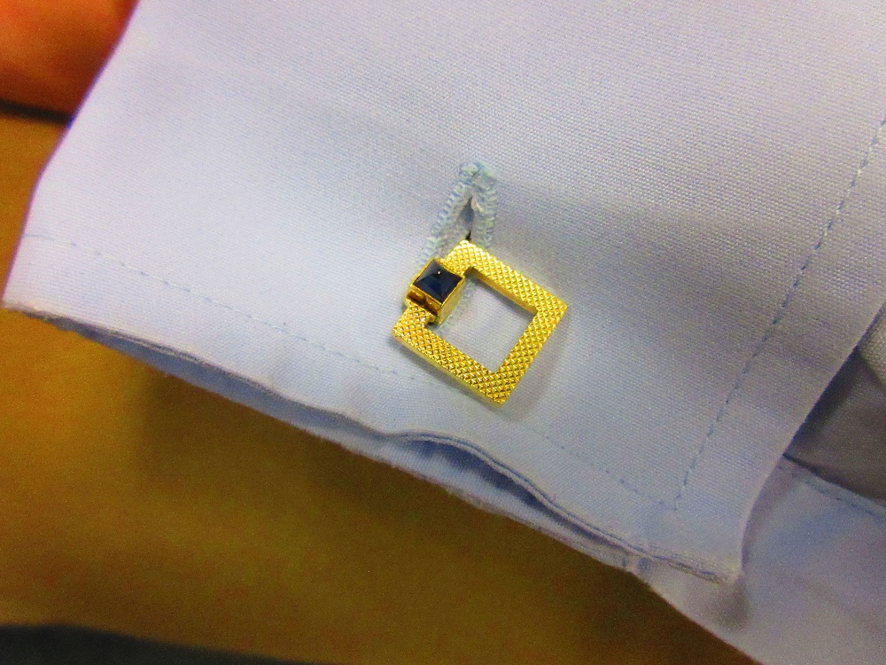 A pair of French 18ct gold and sapphire cufflinks by Mellerio, each formed as a square section - Image 7 of 8