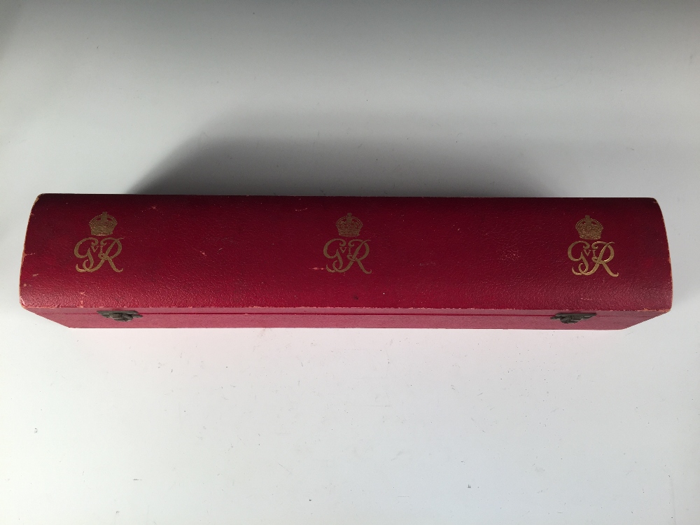 A George VI deed of arms box, the red morocco leather rectangular box with slightly domed hinged - Image 2 of 3