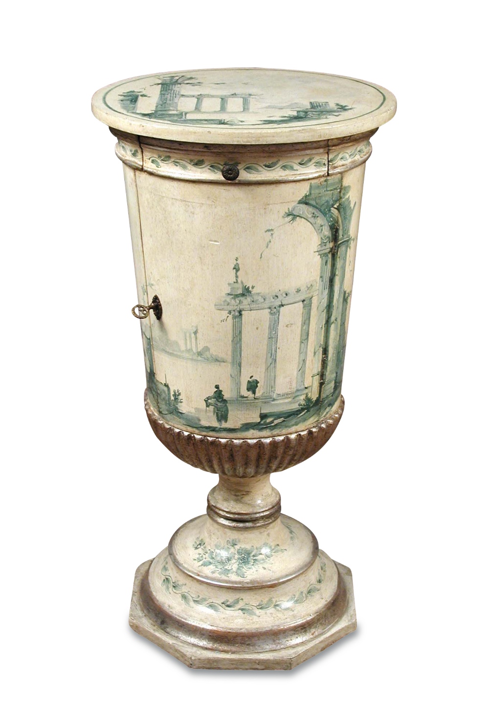 A Continental painted pedestal cupboard of urn design, decorated with neo-classical architectural