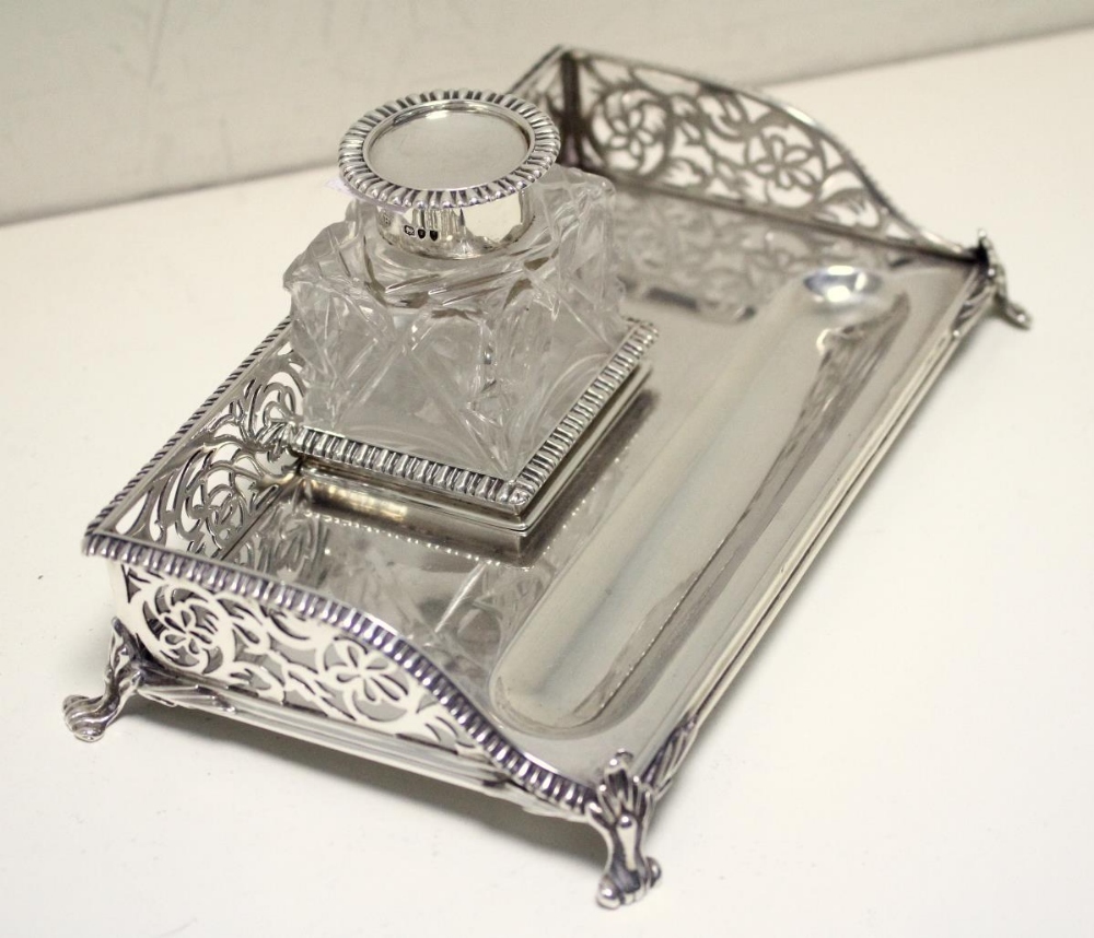 A late Victorian silver ink stand, by Charles Stuart Harris, London 1892, with pierced gadroon edged - Image 2 of 5