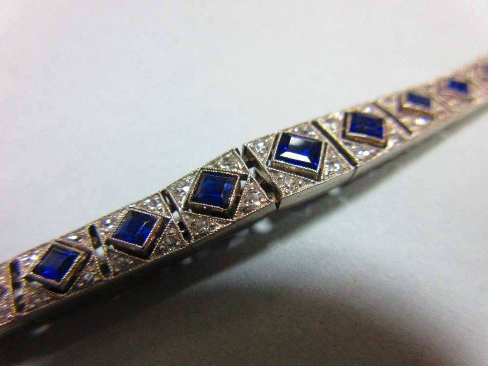 An Art Deco sapphire and diamond bracelet, set to the centre with an articulated and graduated - Image 2 of 5