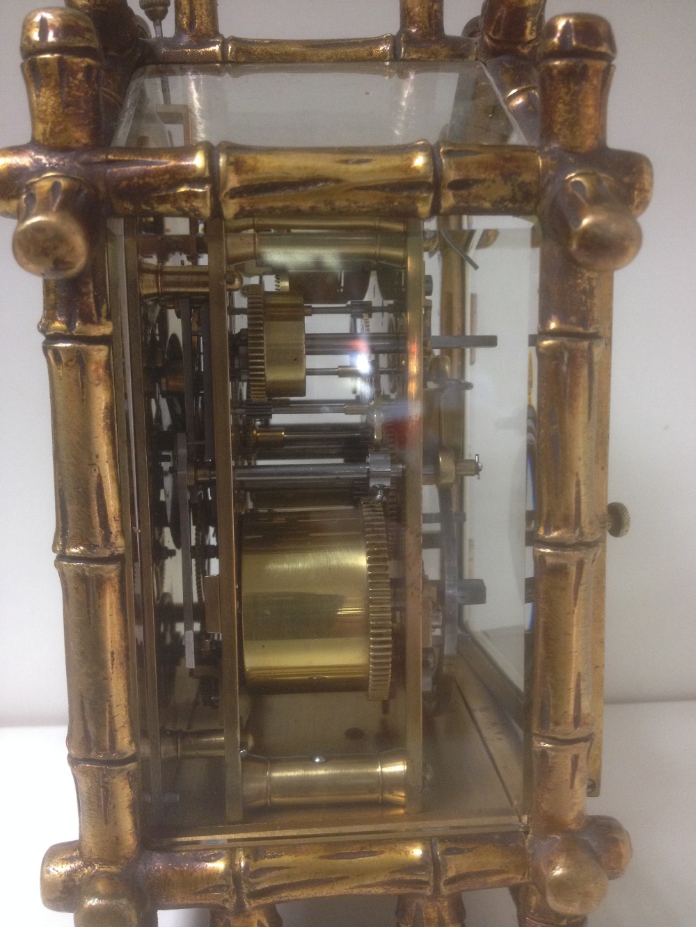 A gilt brass bamboo case carriage clock, circa 1890, with repeat and alarm, silvered platfom lever - Image 6 of 6