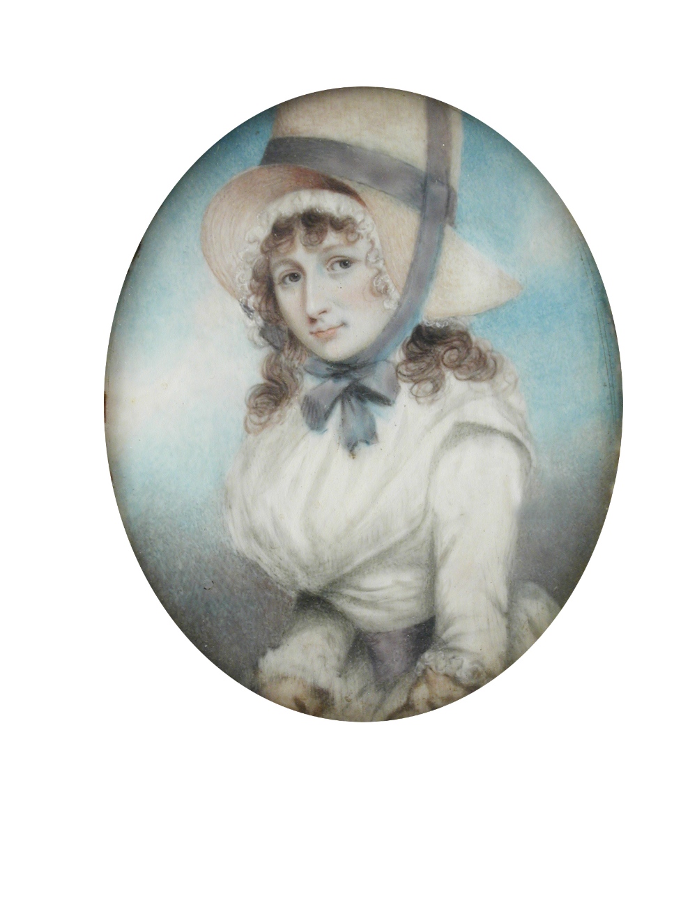 English School (18th Century) Portrait miniature of a Lady wearing a white dress and bonnet with a