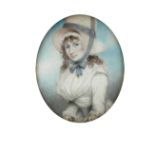 English School (18th Century) Portrait miniature of a Lady wearing a white dress and bonnet with a