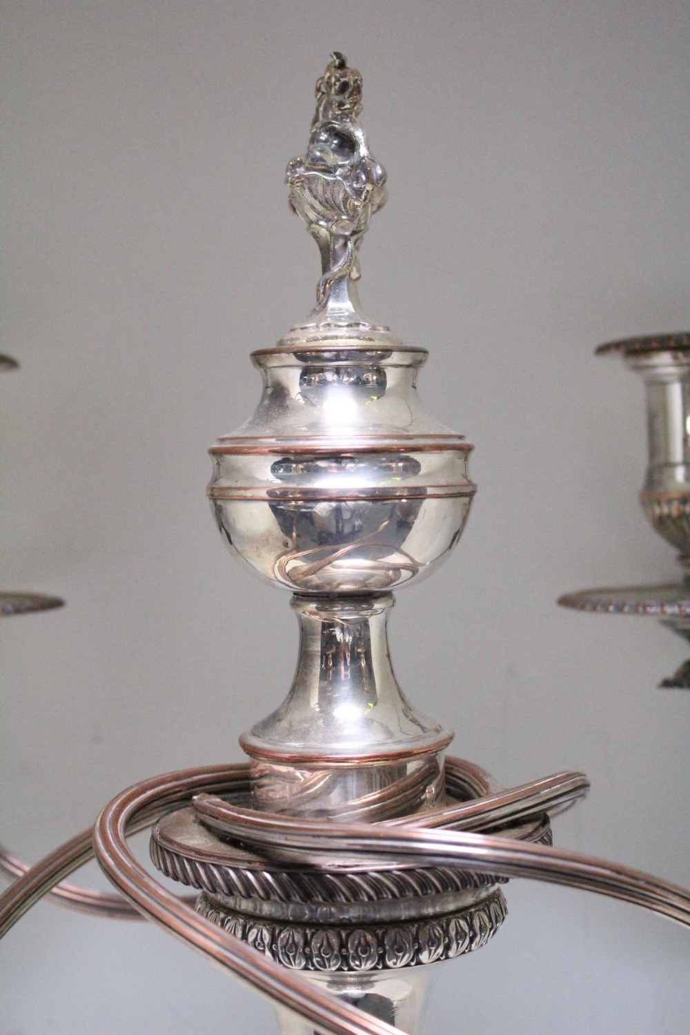 A very large pair of Old Sheffield plate candelabra, by Matthew Boulton, the bases rising from a - Image 4 of 6