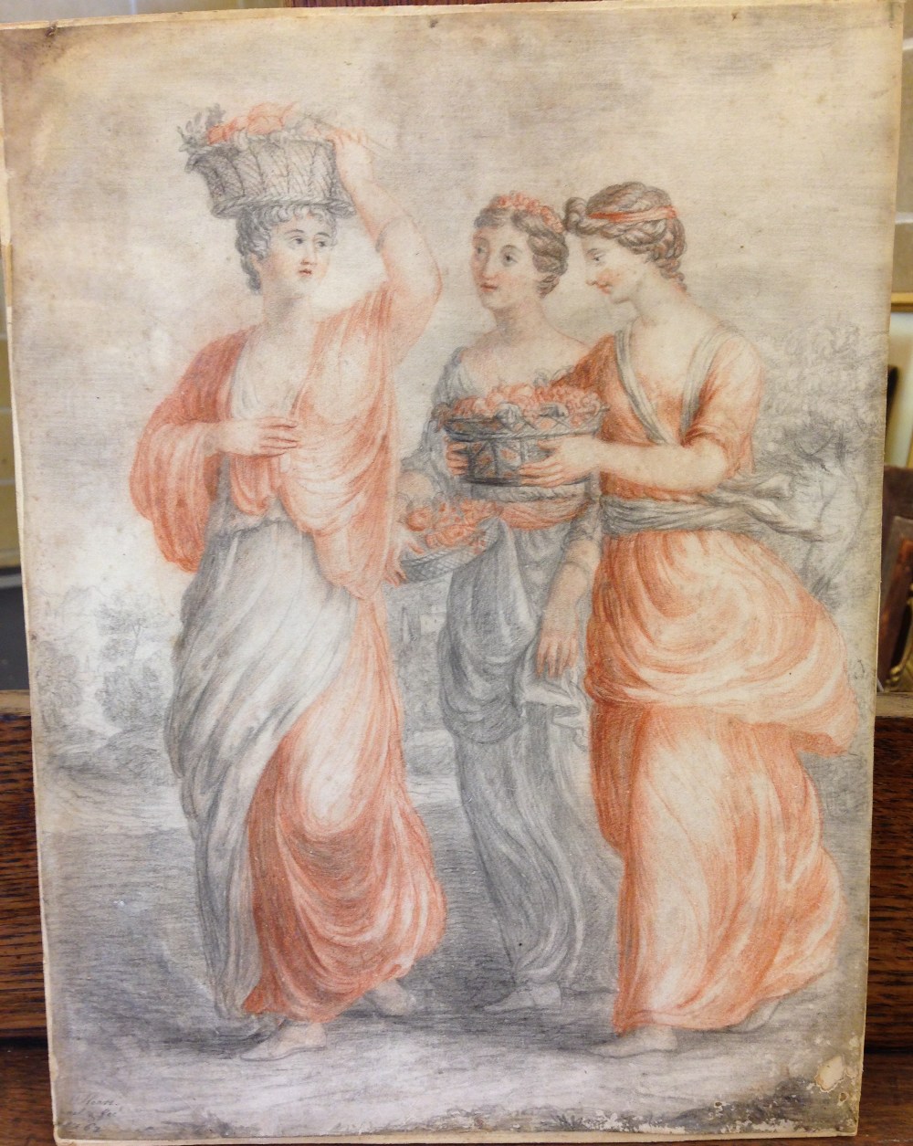 William Hoare, RA (British, 1707-1782) Three classical maidens carrying baskets of fruit signed - Image 2 of 6