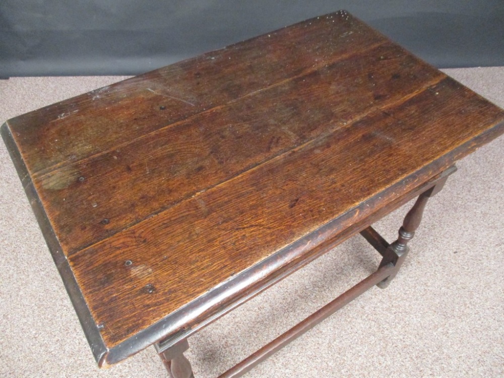 An early 18th century oak side table, with single drawer, engraved brass lock plate and handles on - Image 2 of 4