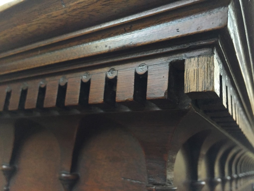 A George III mahogany linen press, with dentil and corbel moulded frieze, panelled doors enclosing - Image 4 of 4