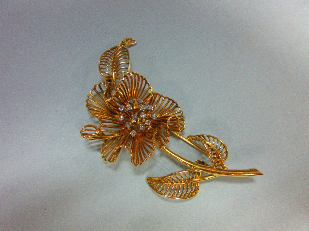 A mid-20th century diamond set flower brooch, of open wirework structure with three curled leaves - Image 2 of 5