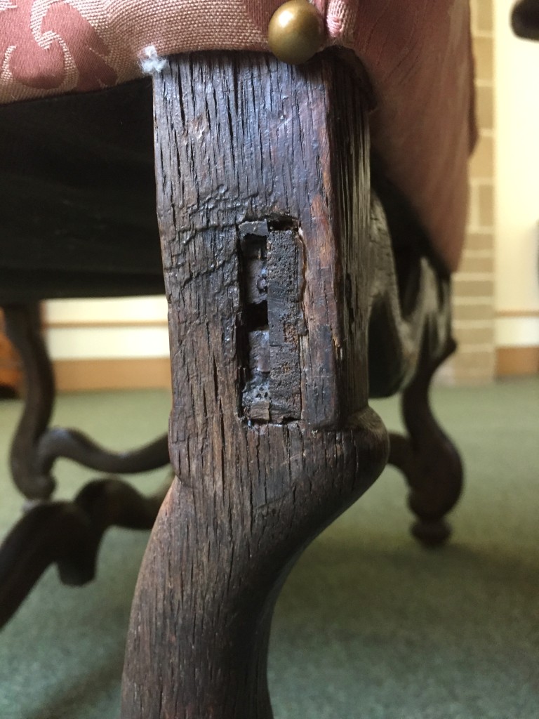 A pair of 17th century oak framed wing back armchairs, in the Dutch manner, upholstered in a pink - Image 2 of 3