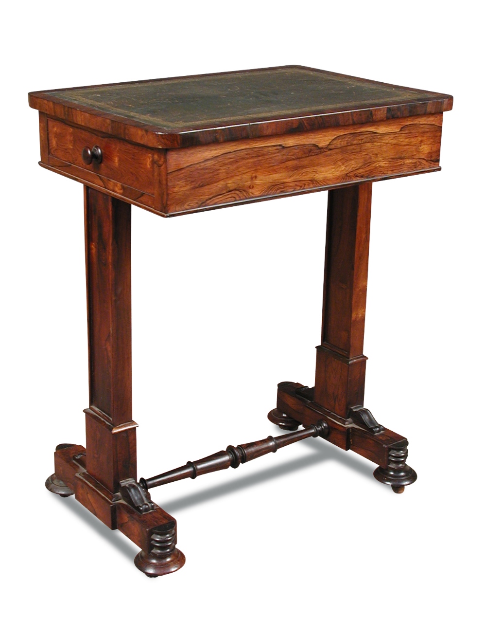 A Regency rosewood writing table, green leather lined top with end drawer fitted for pens and ink