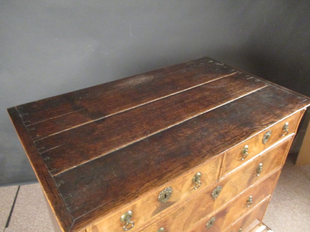 A William & Mary walnut chest on stand, with feather banded border decoration, brass drop handles, - Image 4 of 7