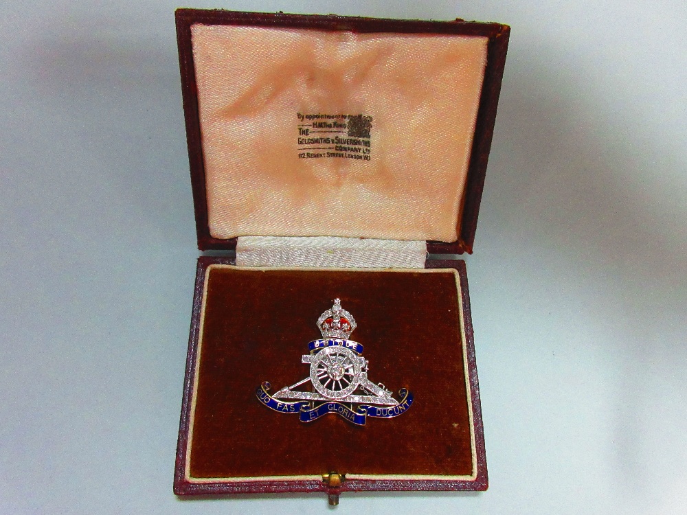 A diamond and enamel regimental brooch for the Royal Artillery, set throughout with round