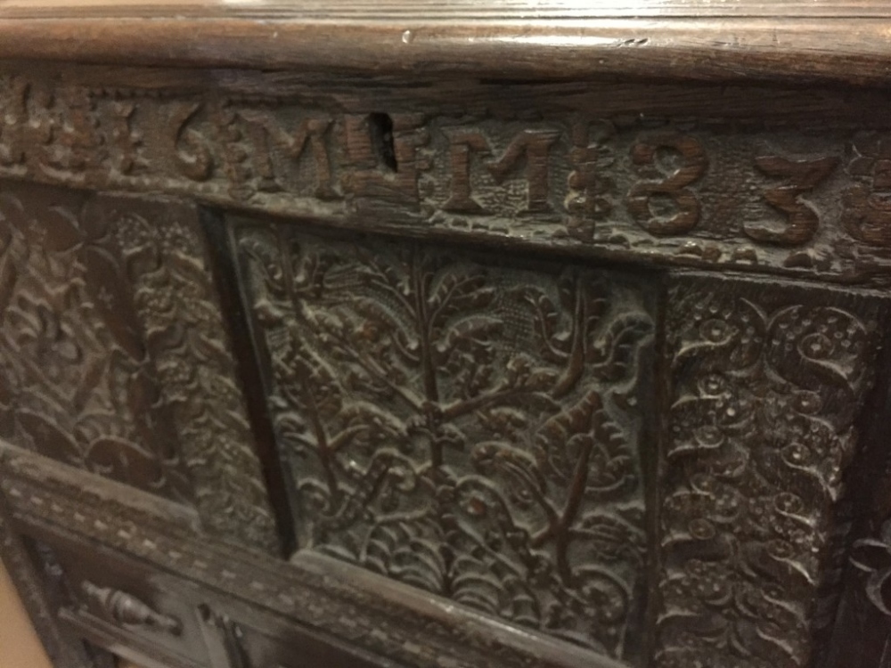 A 17th century panelled oak mule chest, carved with date 1683 and to the front panels, moulded - Image 3 of 5