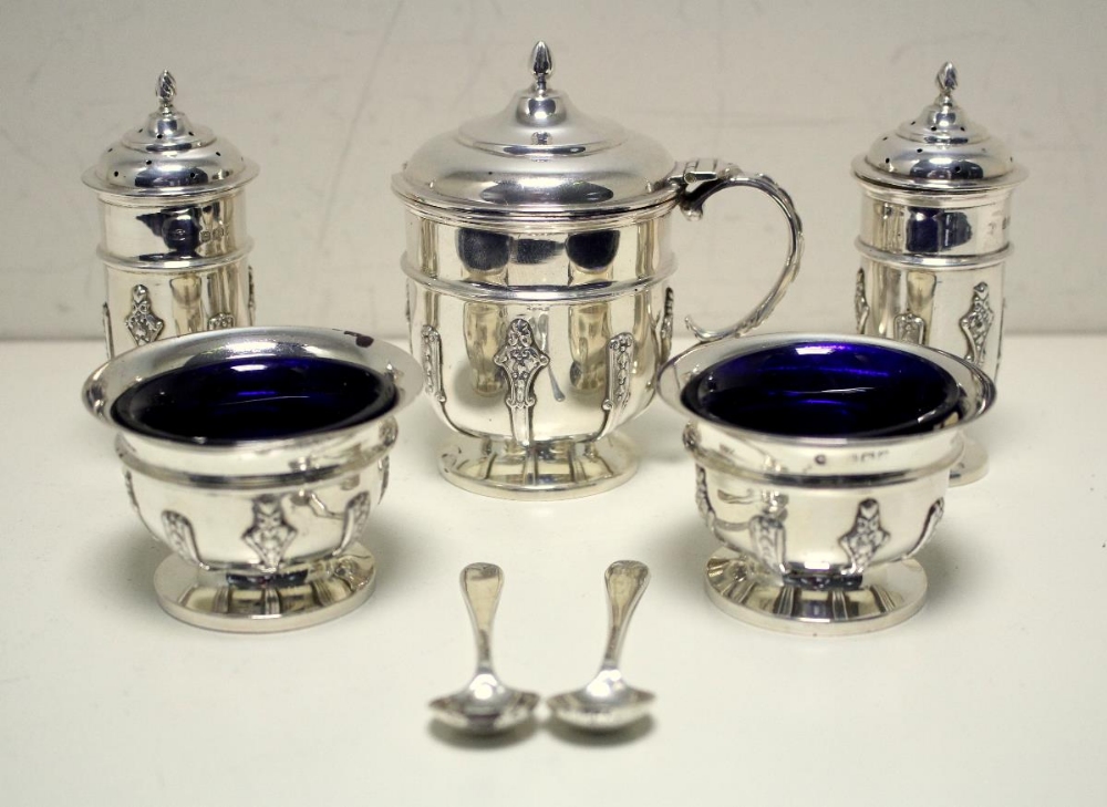 A five piece silver table cruet, by William Aitken, Birmingham 1903/04/06, comprising two open - Image 2 of 4