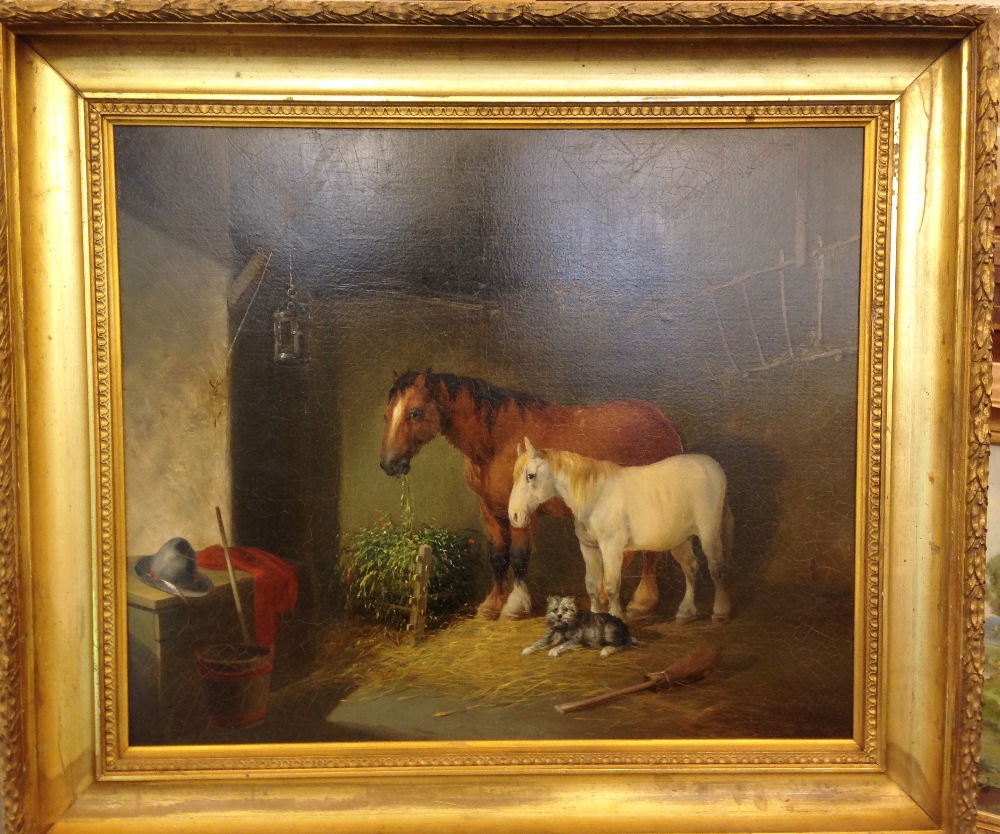 William Shayer, Senior (British, 1787-1879) A bay heavy horse, a grey pony and a terrier in a stable - Image 2 of 8