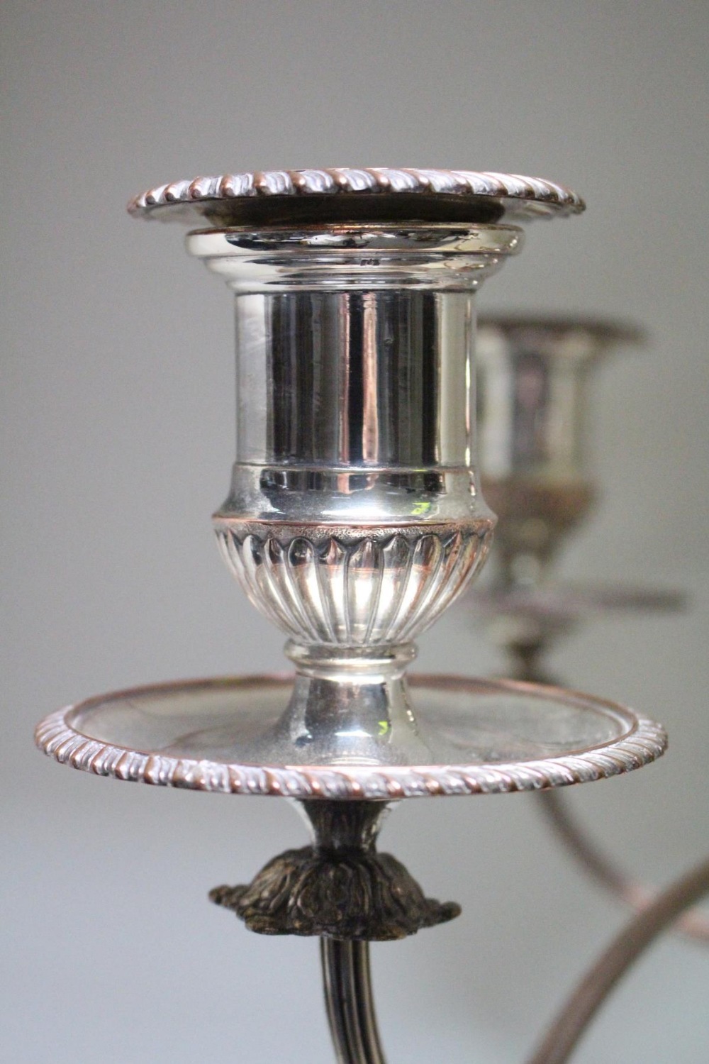 A very large pair of Old Sheffield plate candelabra, by Matthew Boulton, the bases rising from a - Image 5 of 6