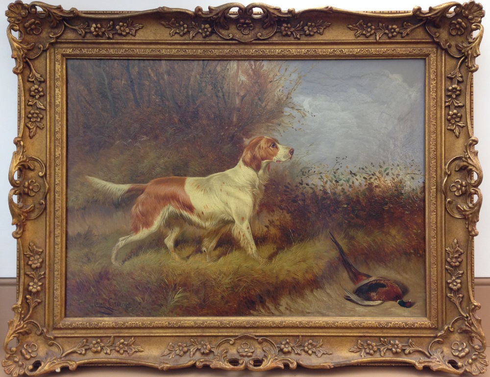 Colin Graeme Roe (British, 1857–1910) A red and white setter with a dead pheasant in a landscape - Image 2 of 5