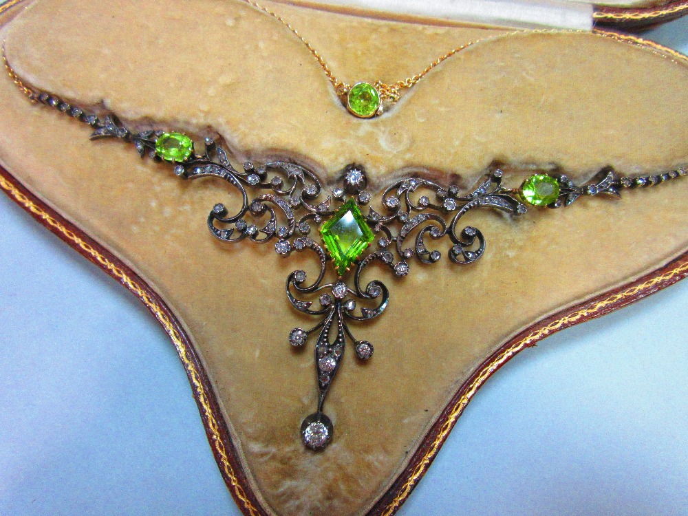 A 19th century peridot and diamond necklace, cased by Tessier, the central feature an open foliate - Image 2 of 8