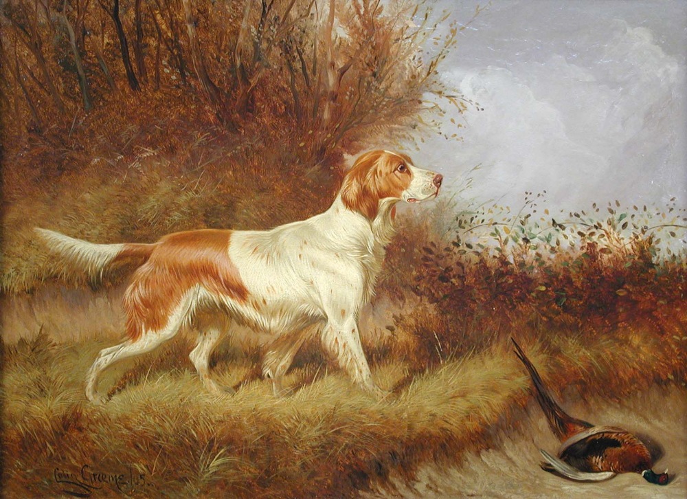 Colin Graeme Roe (British, 1857–1910) A red and white setter with a dead pheasant in a landscape