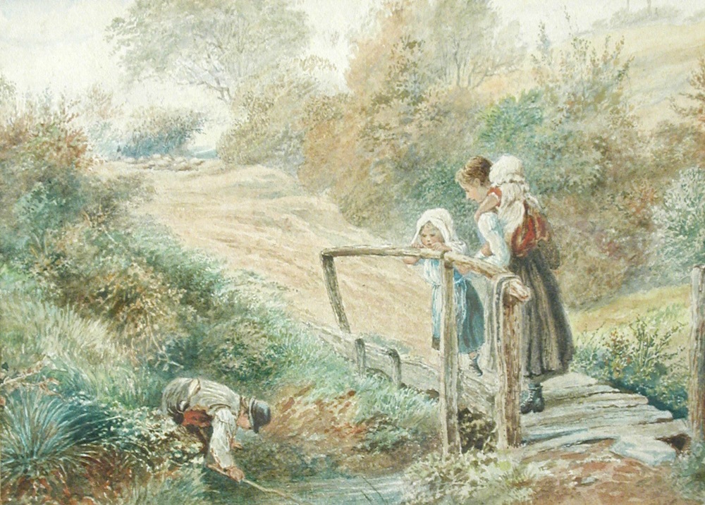 Myles Birket Foster (British, 1825-1899) Three small girls with a young boy fishing in a brook by