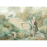 Myles Birket Foster (British, 1825-1899) Three small girls with a young boy fishing in a brook by