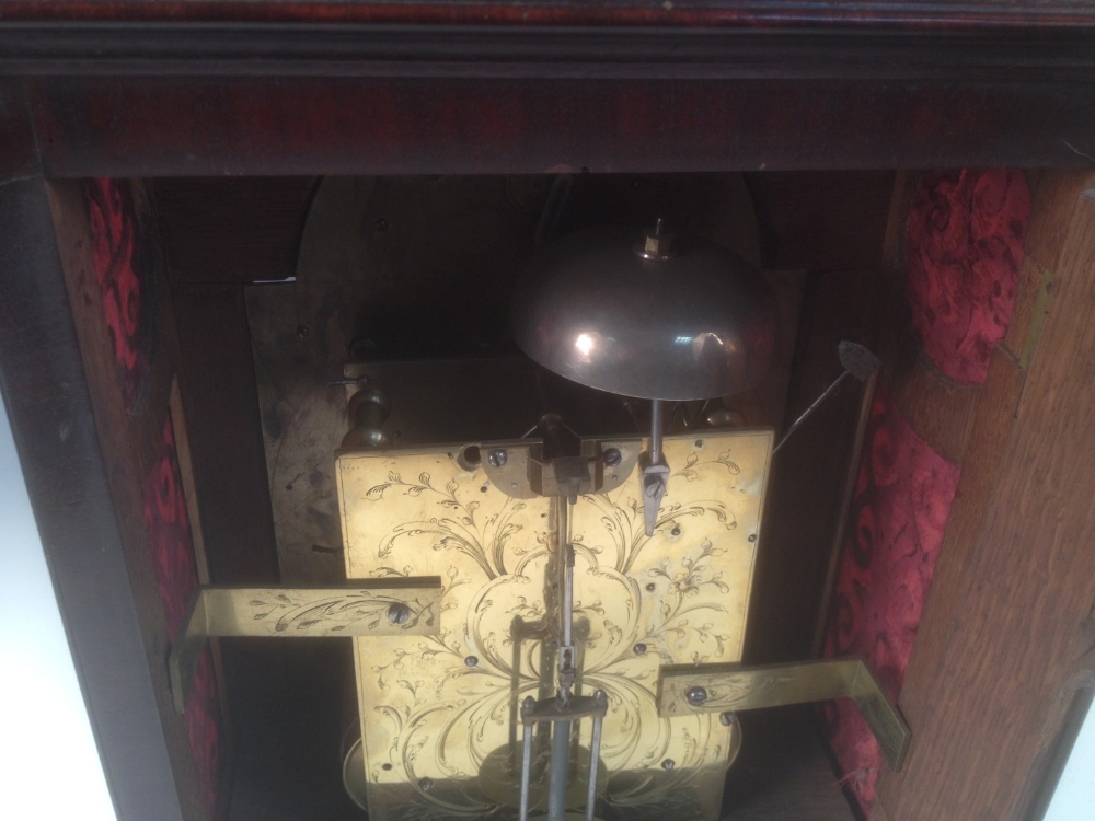 A George III mahogany bracket clock, the bell top case with brass handle and four gilt finials above - Image 6 of 7