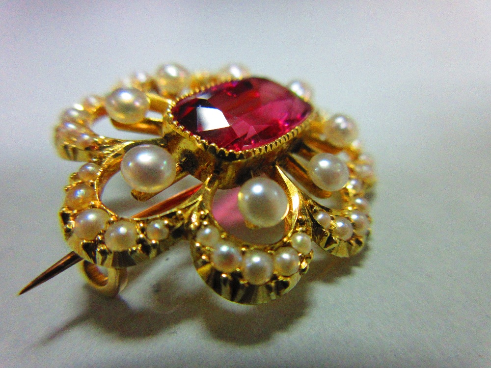 A pink tourmaline, pearl and seed pearl brooch, the rectangular cushion cut rose pink tourmaline - Image 4 of 4