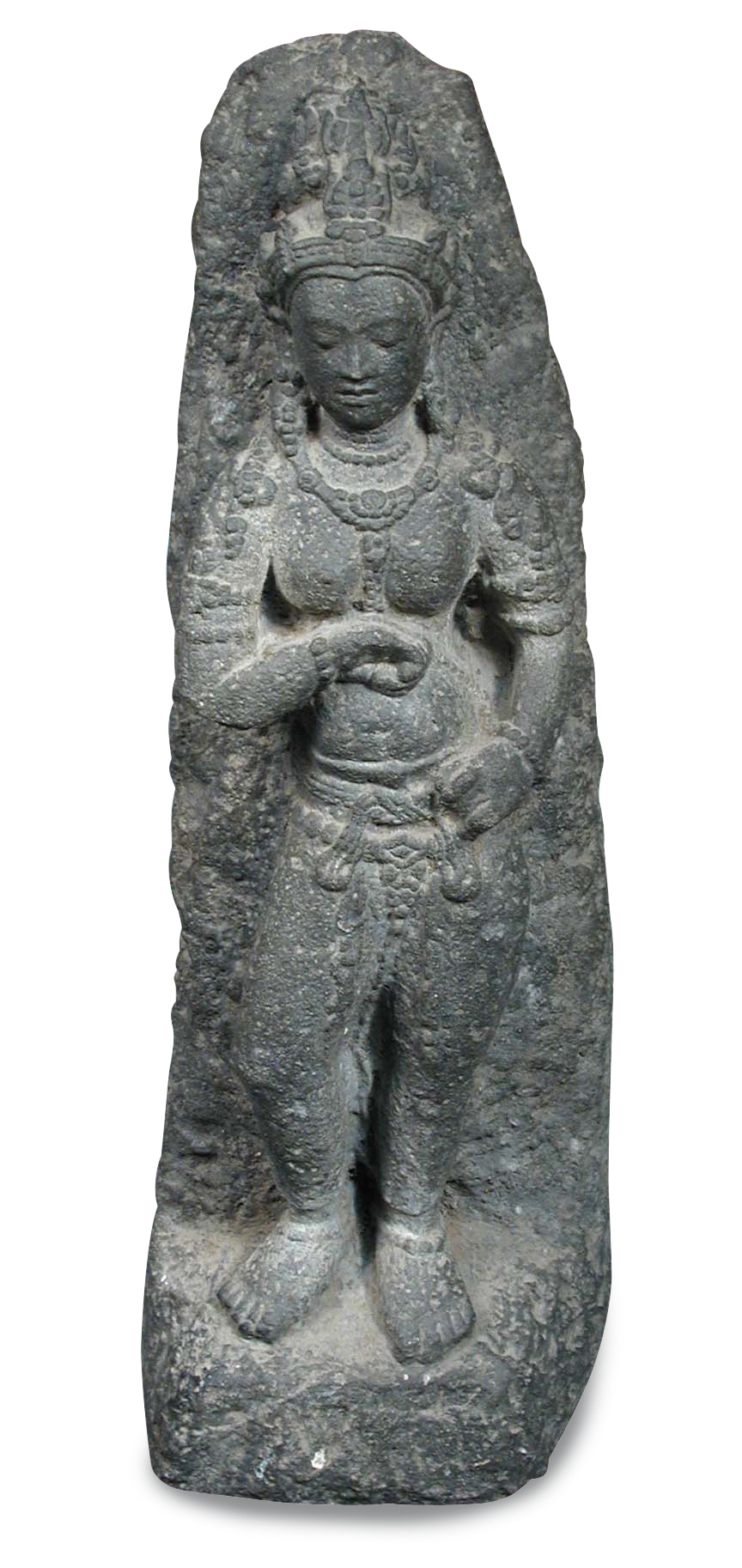 A Gandharan schist goddess, possibly Hariti and 2nd-3rd century AD, she stands draped only in