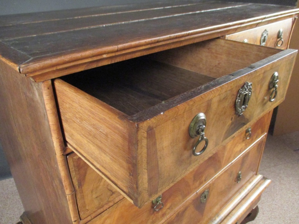 A William & Mary walnut chest on stand, with feather banded border decoration, brass drop handles, - Image 5 of 7