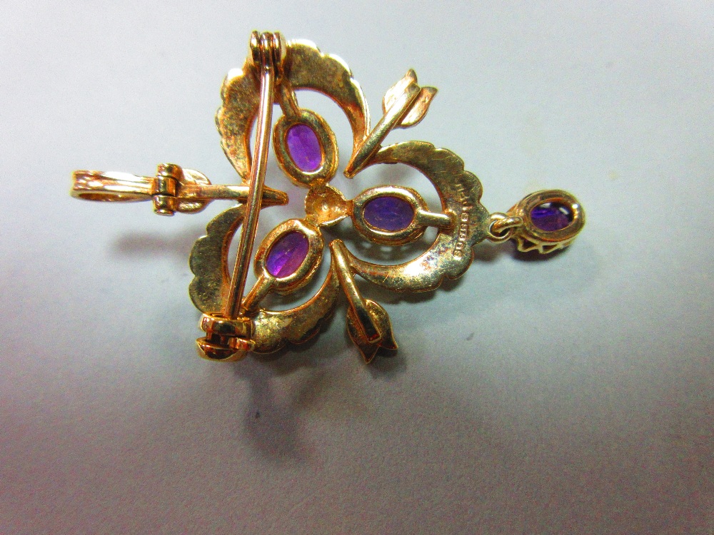 A gold, amethyst, seed pearl and diamond pendant / brooch, designed as an open trefoil delineated - Image 3 of 6