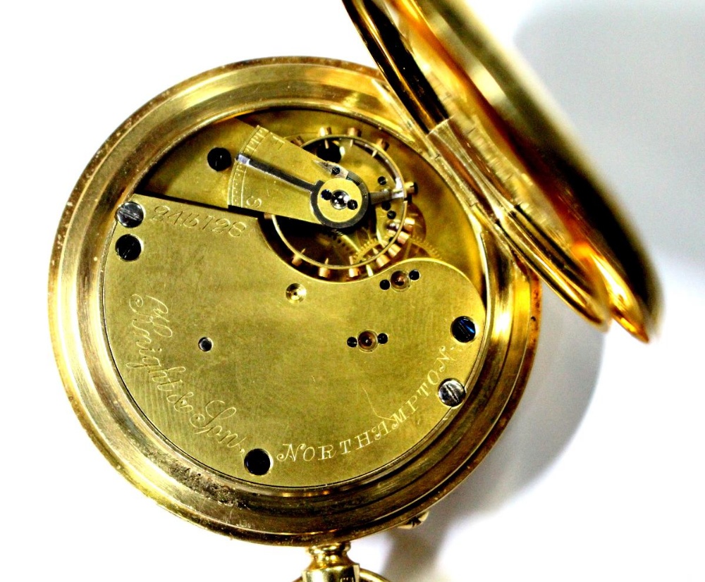 By Knight & Sons - an 18ct gold half hunter cased pocket watch, the white dial printed in black with - Image 3 of 3