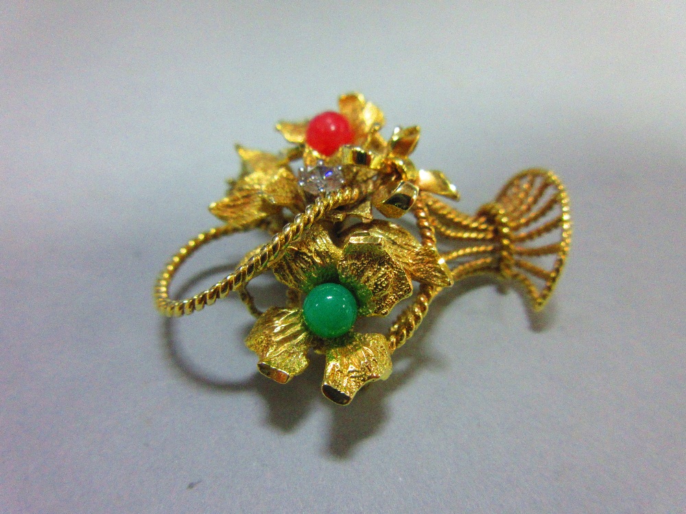 A diamond and gem set giardinetto brooch, the pierced and waisted basket and handle made of - Image 2 of 4