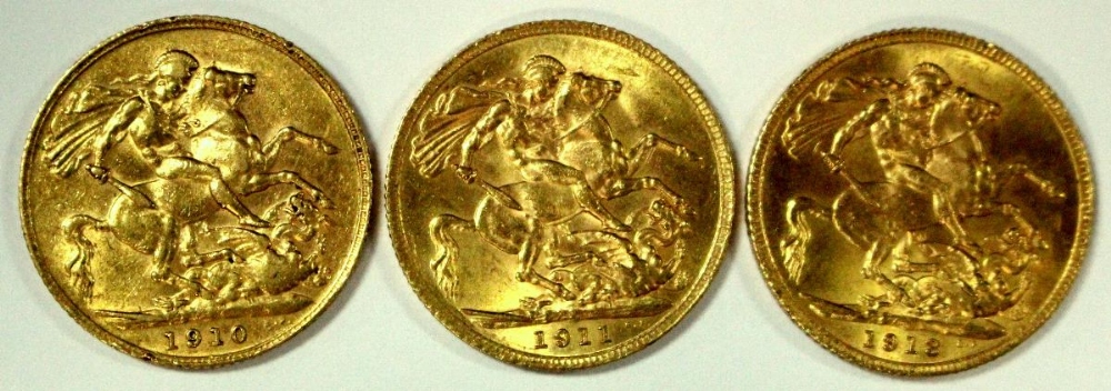 Three gold sovereigns - Edward VII, 1910 & George V, 1911 & 1913 (3)