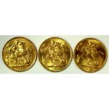 Three gold sovereigns - Edward VII, 1910 & George V, 1911 & 1913 (3)