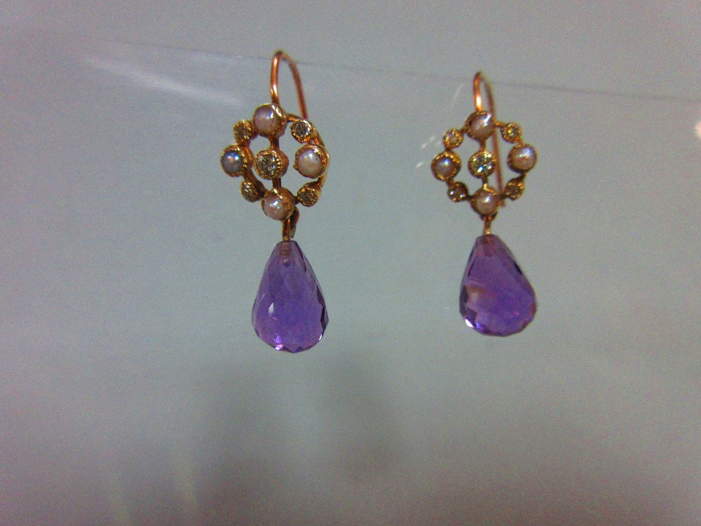 A pair of briolette amethyst, diamond and seed pearl earpendants, each hook fronted with an open