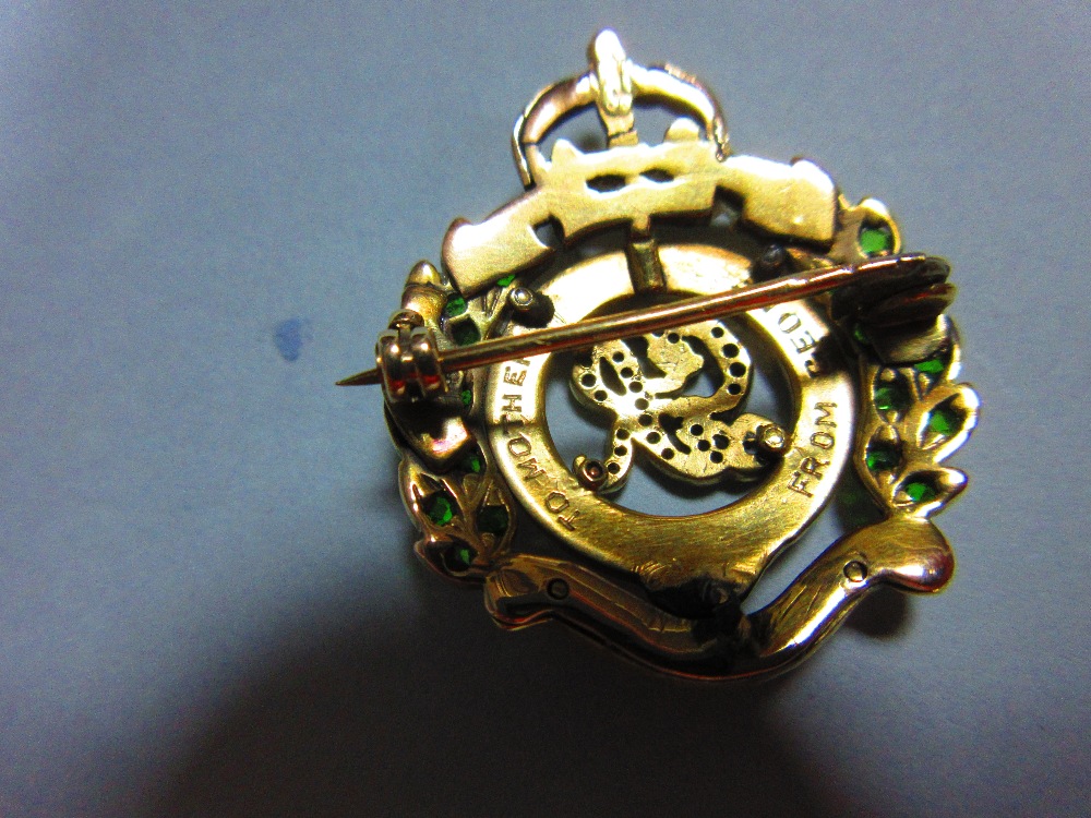 A diamond, demantoid and enamel regimental brooch for the Royal Engineers, the crown and central - Image 3 of 4