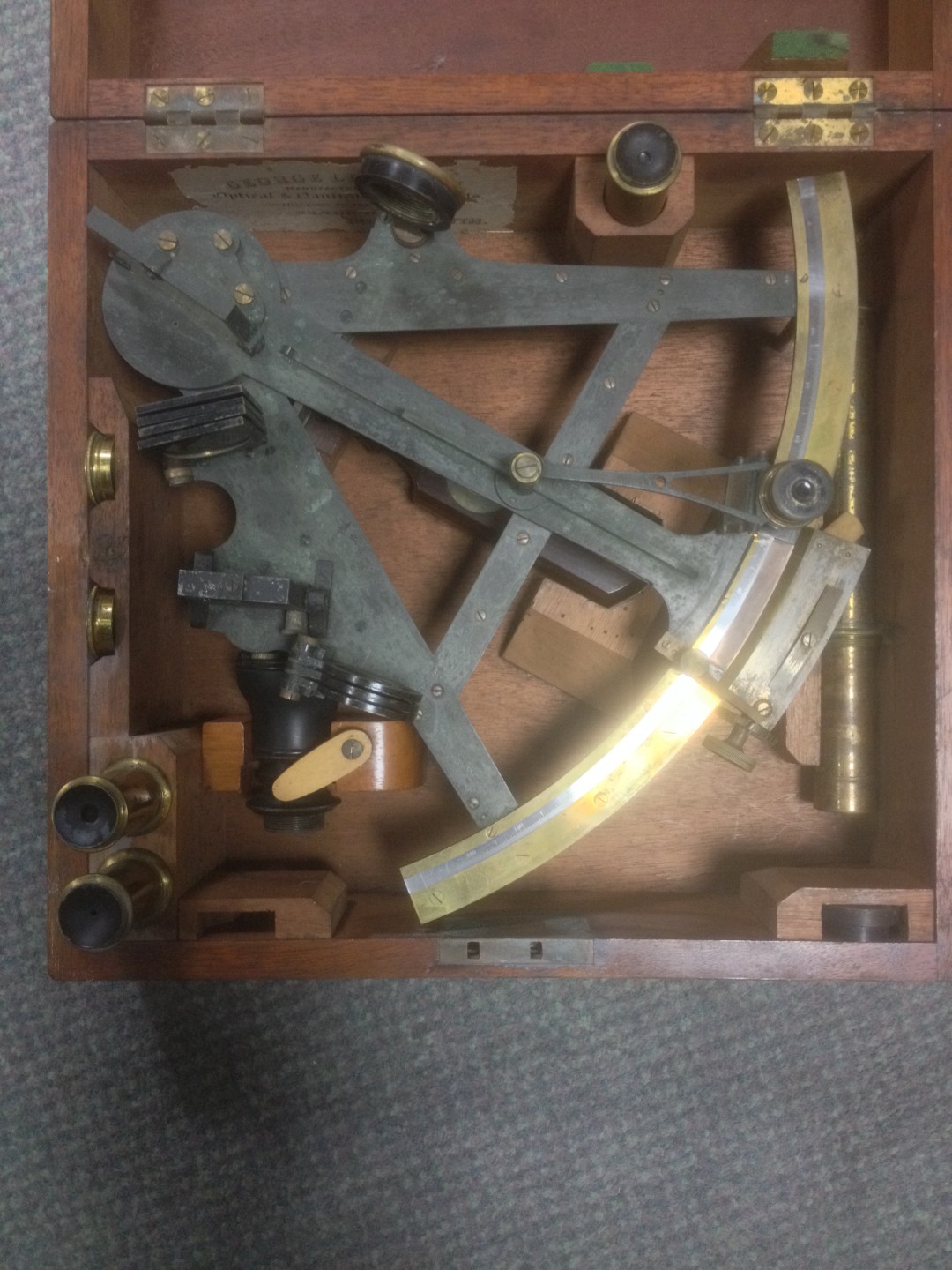 A 'George Lee and Son, Portsmouth' labelled mahogany cased sextant, the rosewood handled