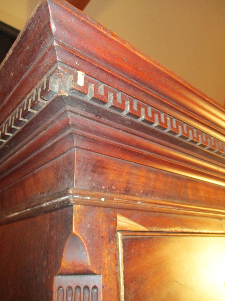 A George III mahogany secretaire chest on chest, with a greek key moulded cornice, canted reeded - Image 6 of 10