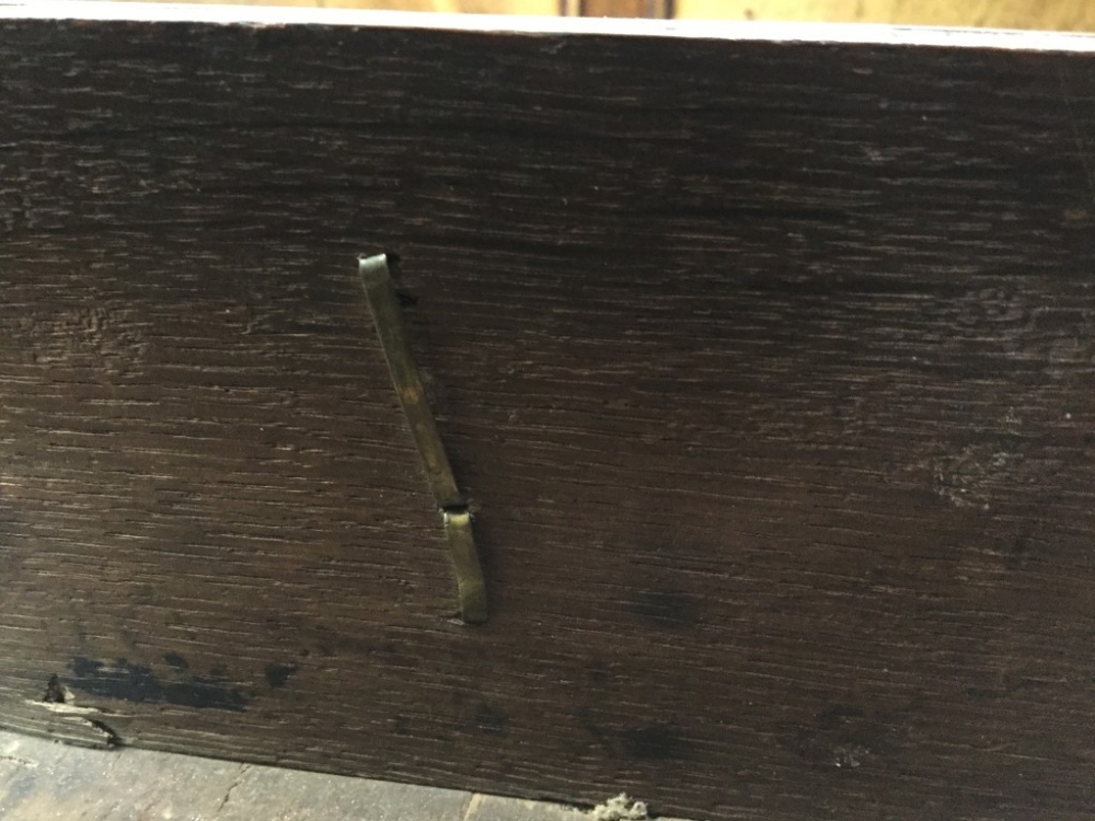 An early 18th century oak side table, with single drawer, engraved brass lock plate and handles on - Image 4 of 4