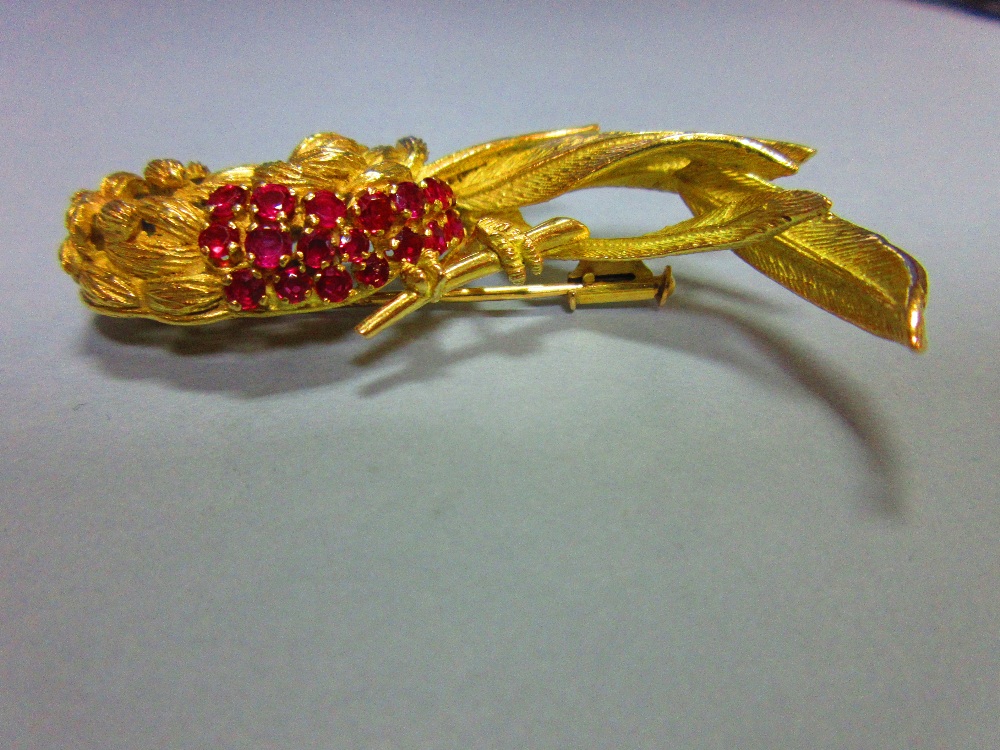 A ruby and sapphire bird brooch, the realistically modelled exotic bird with textured feathers, oval - Image 3 of 5