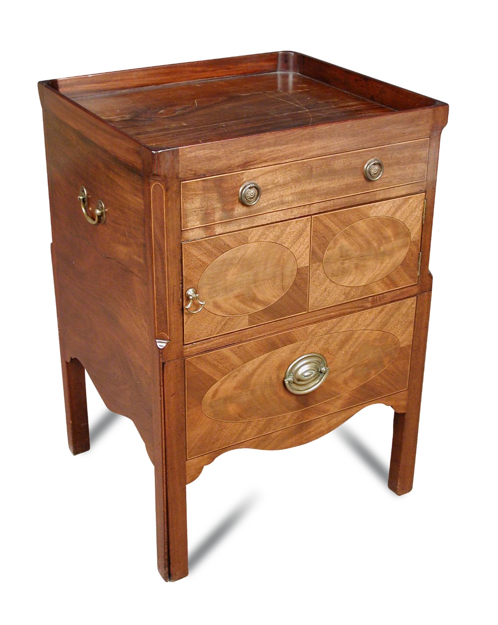 A George III mahogany night table, with tray edge top, cupboard and drawer below, decorated with