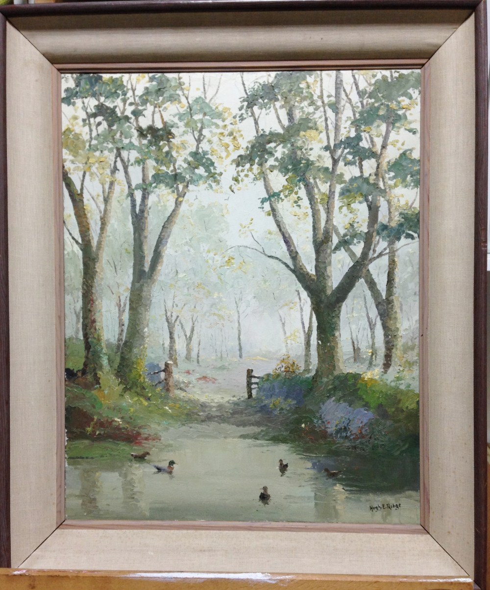 Hugh E Ridge (British, 1899-1976) Ducks on a woodland pool signed lower right "Hugh E Ridge" oil - Image 2 of 6